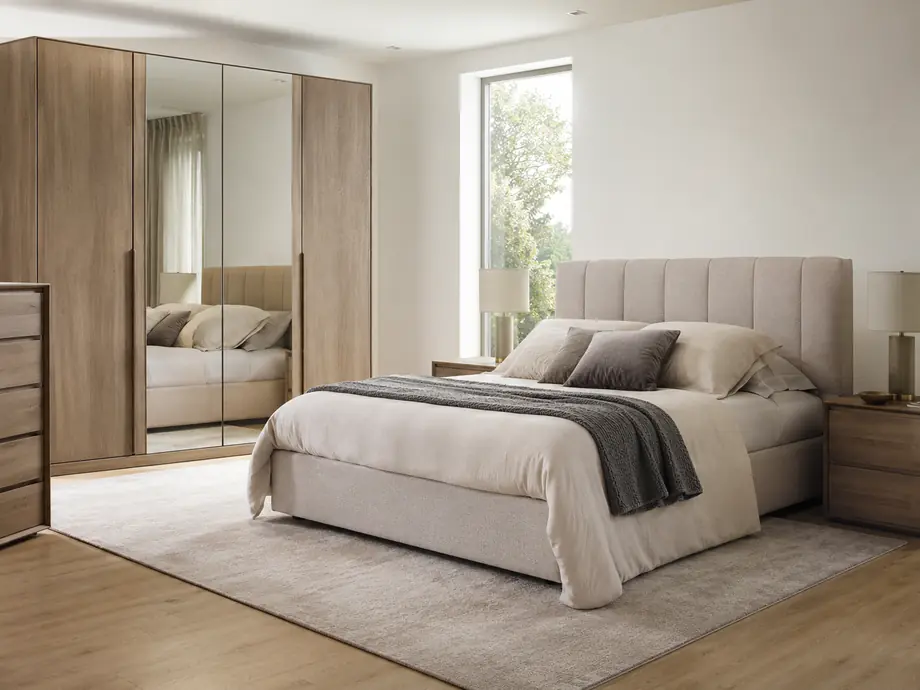 Bedroom bed, nightstand and wardrobe